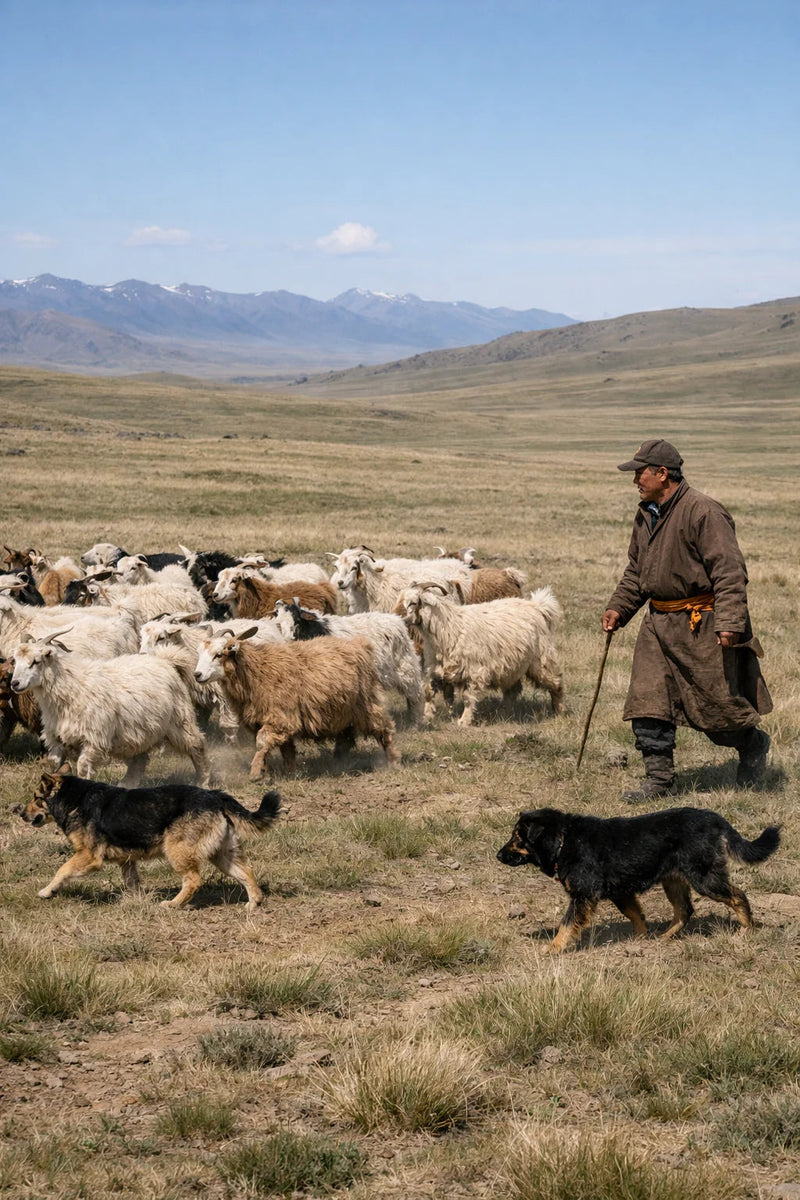 Herder with cashmere goat flock on the Mongolian steppe